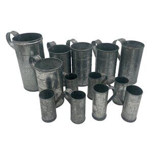 Vintage Galvanized Metal Pitchers Mugs Set  Rustic Farmhouse Decor  Collectible